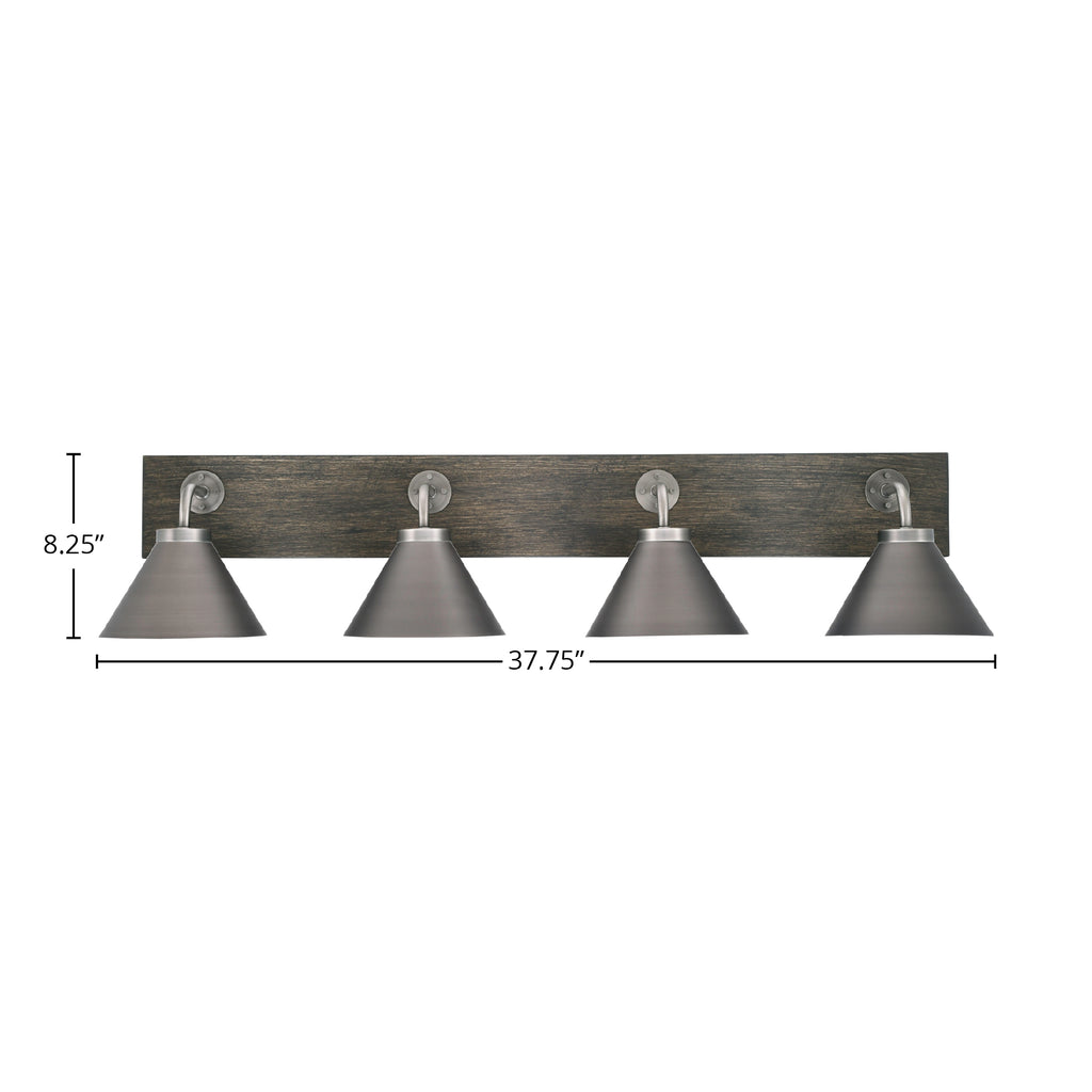 Oxbridge Four Light Bath Bar in Graphite & Painted Distressed Wood-look Metal with 7" Graphite Cone Metal Shade Shade
