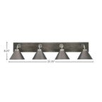 Oxbridge Four Light Bath Bar in Graphite & Painted Distressed Wood-look Metal with 7" Graphite Cone Metal Shade Shade