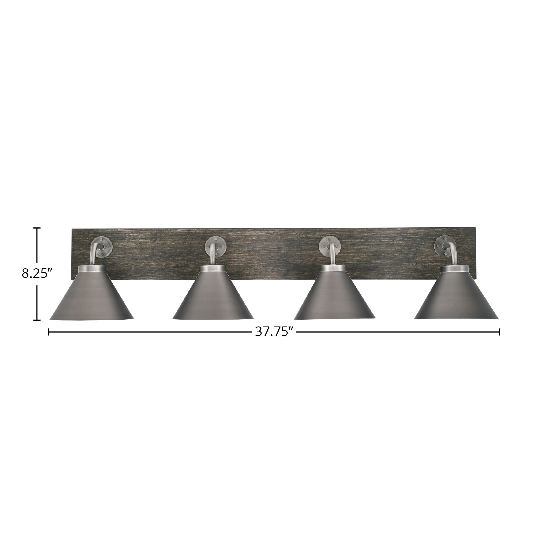 Oxbridge Four Light Bath Bar in Graphite & Painted Distressed Wood-look Metal with 7" Graphite Cone Metal Shade Shade