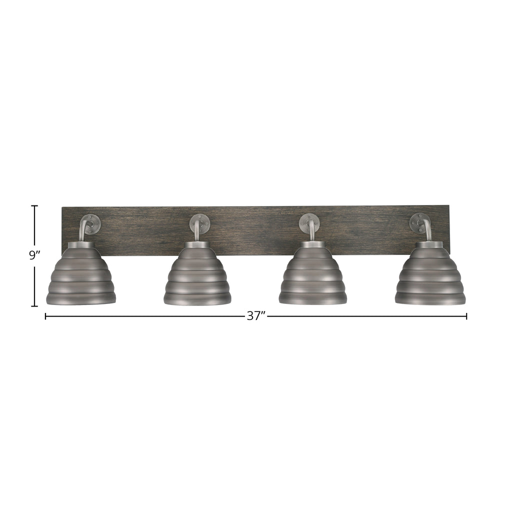 Oxbridge Four Light Bath Bar in Graphite & Painted Distressed Wood-look Metal with 6" Graphite Beehive Metal Shade Shade