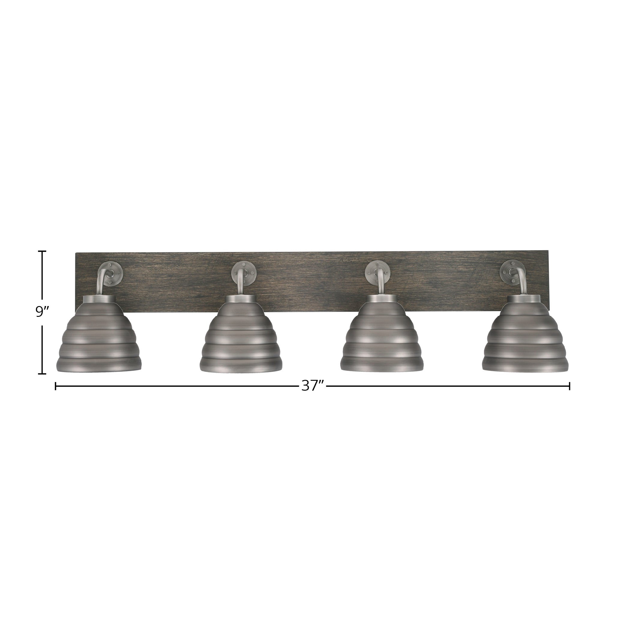 Oxbridge Four Light Bath Bar in Graphite & Painted Distressed Wood-look Metal with 6" Graphite Beehive Metal Shade Shade