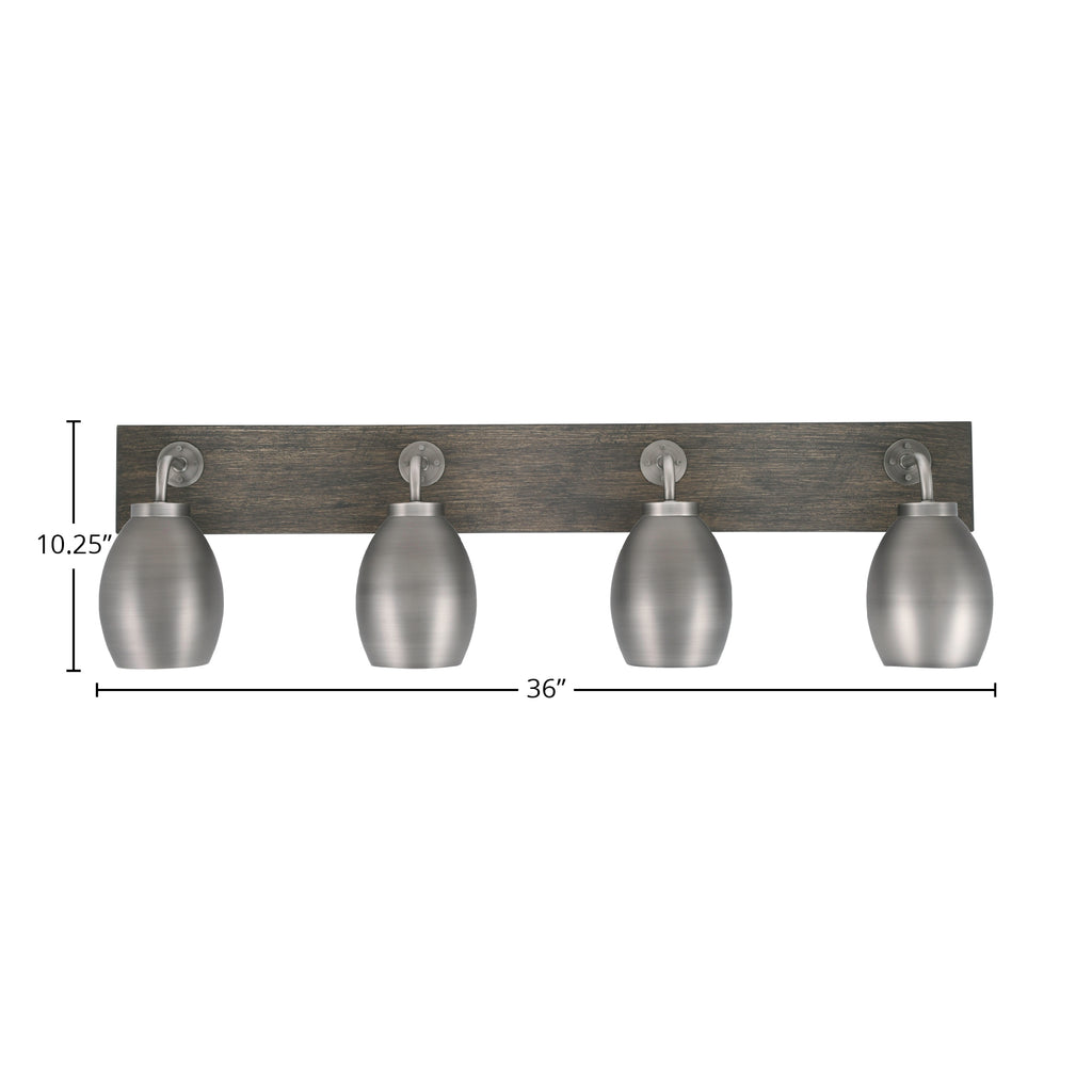 Oxbridge Four Light Bath Bar in Graphite & Painted Distressed Wood-look Metal with 5" Graphite Oval Metal Shade Shade