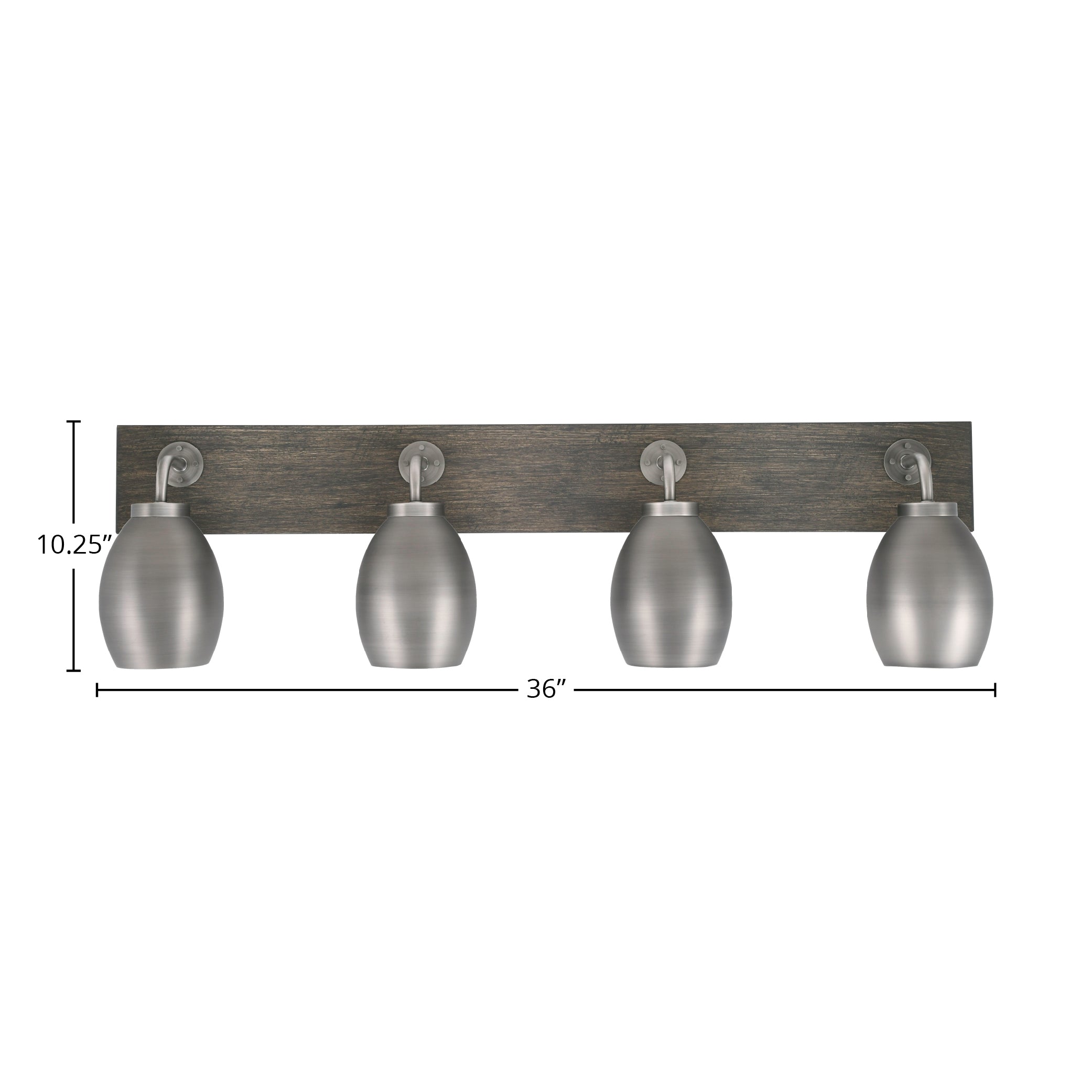 Oxbridge Four Light Bath Bar in Graphite & Painted Distressed Wood-look Metal with 5" Graphite Oval Metal Shade Shade
