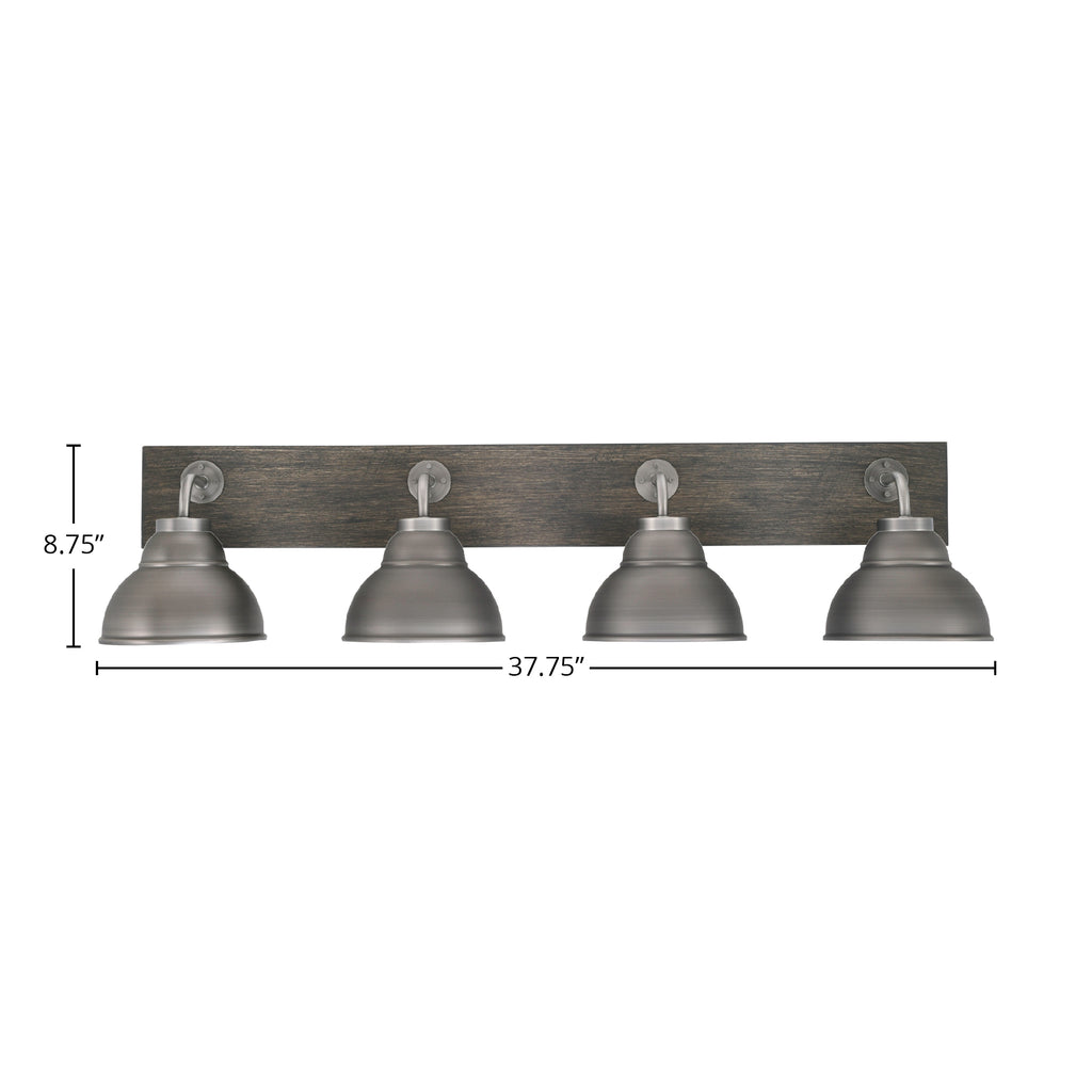 Oxbridge Four Light Bath Bar in Graphite & Painted Distressed Wood-look Metal with 7" Graphite Double Bubble Metal Shade Shade