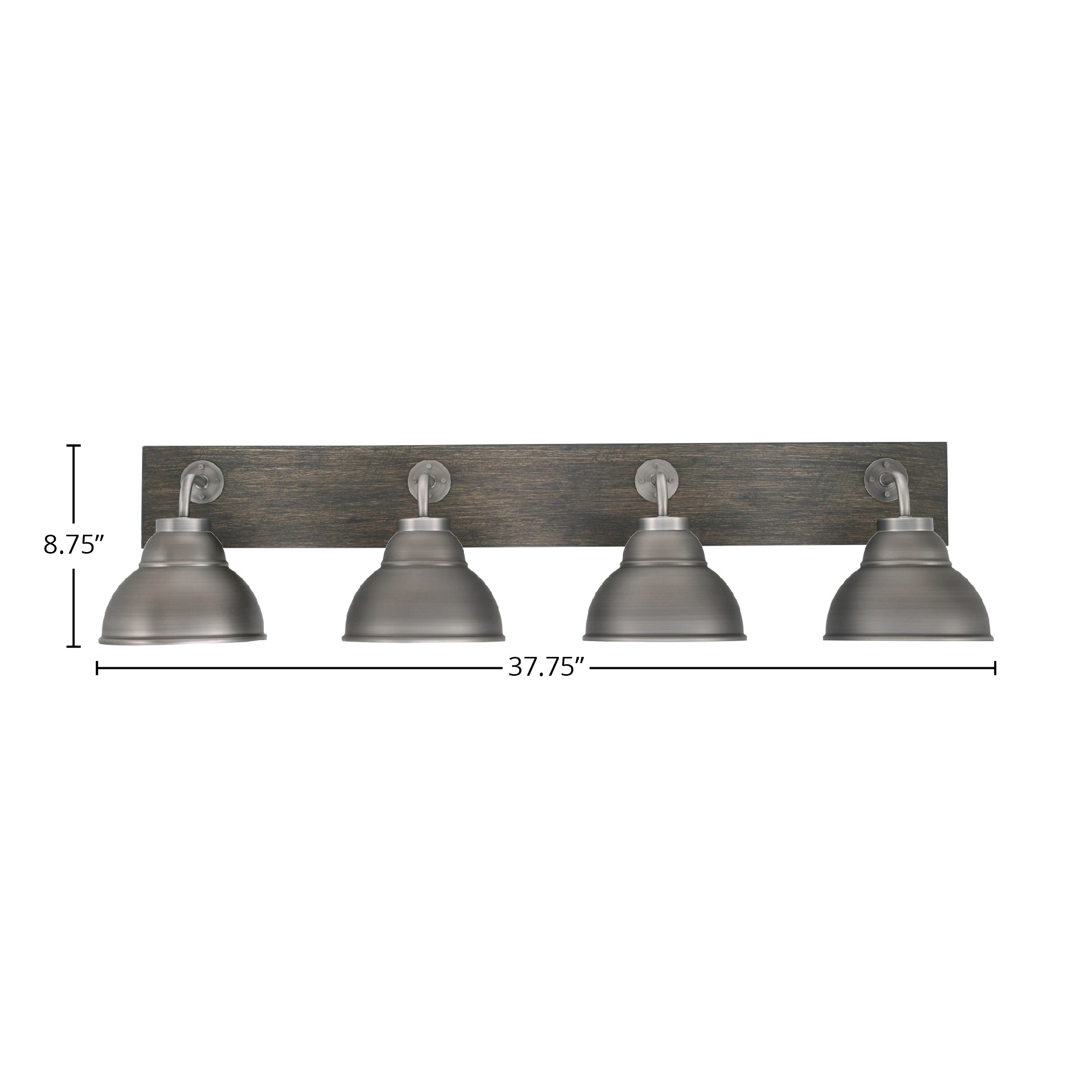 Oxbridge Four Light Bath Bar in Graphite & Painted Distressed Wood-look Metal with 7" Graphite Double Bubble Metal Shade Shade