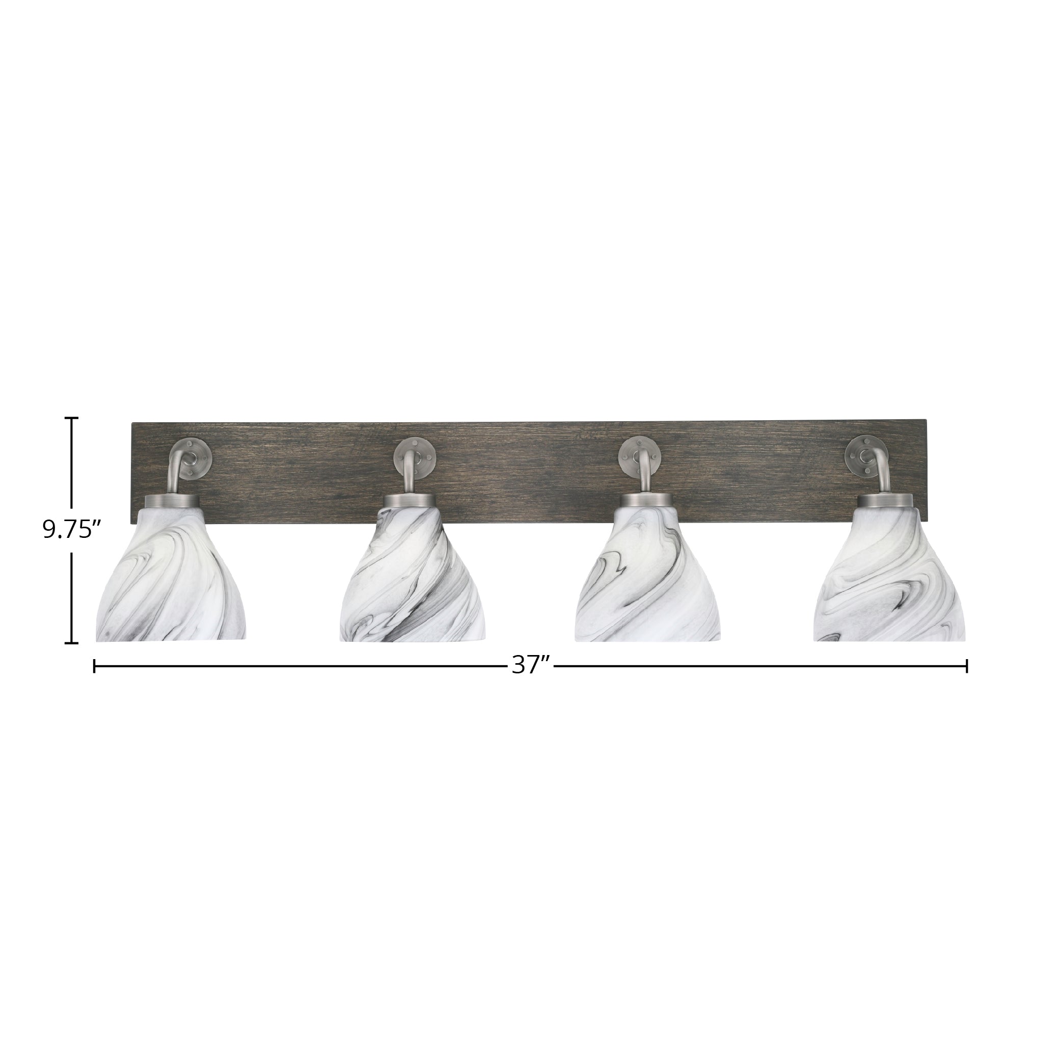 Oxbridge Four Light Bath Bar in Graphite & Painted Distressed Wood-look Metal with 6.25" Onyx Swirl Shade