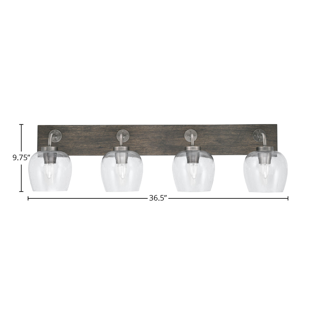 Oxbridge Four Light Bath Bar in Graphite & Painted Distressed Wood-look Metal with 6" Clear Bubble Shade