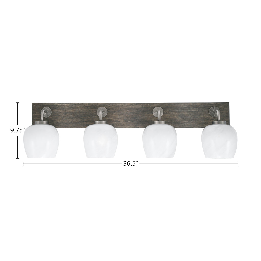 Oxbridge Four Light Bath Bar in Graphite & Painted Distressed Wood-look Metal with 6" White Marble Shade