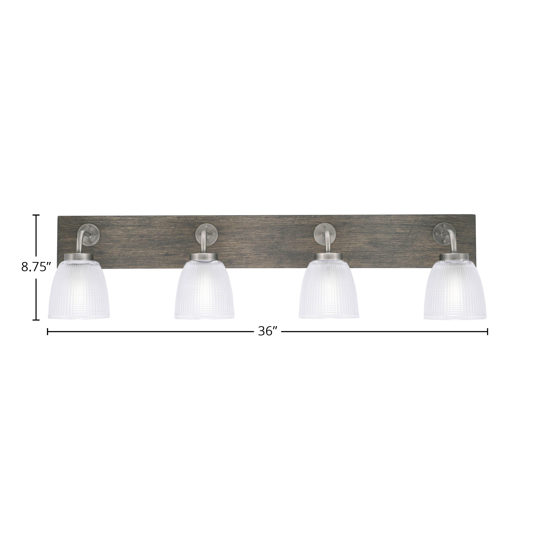 Oxbridge Four Light Bath Bar in Graphite & Painted Distressed Wood-look Metal with 5" Clear Ribbed Shade