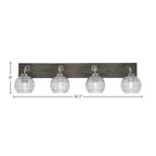 Oxbridge Four Light Bath Bar in Graphite & Painted Distressed Wood-look Metal with 6" Clear Ribbed Shade