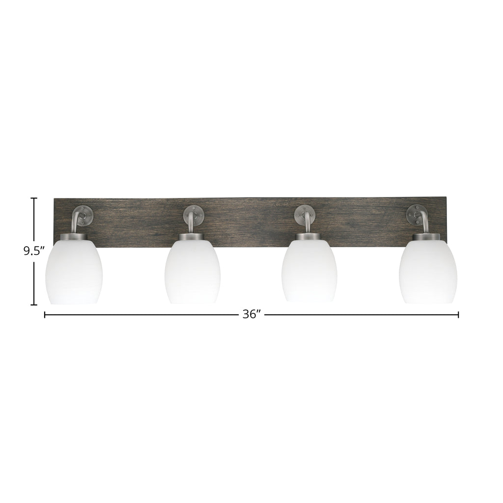 Oxbridge Four Light Bath Bar in Graphite & Painted Distressed Wood-look Metal with 5" White Linen Shade