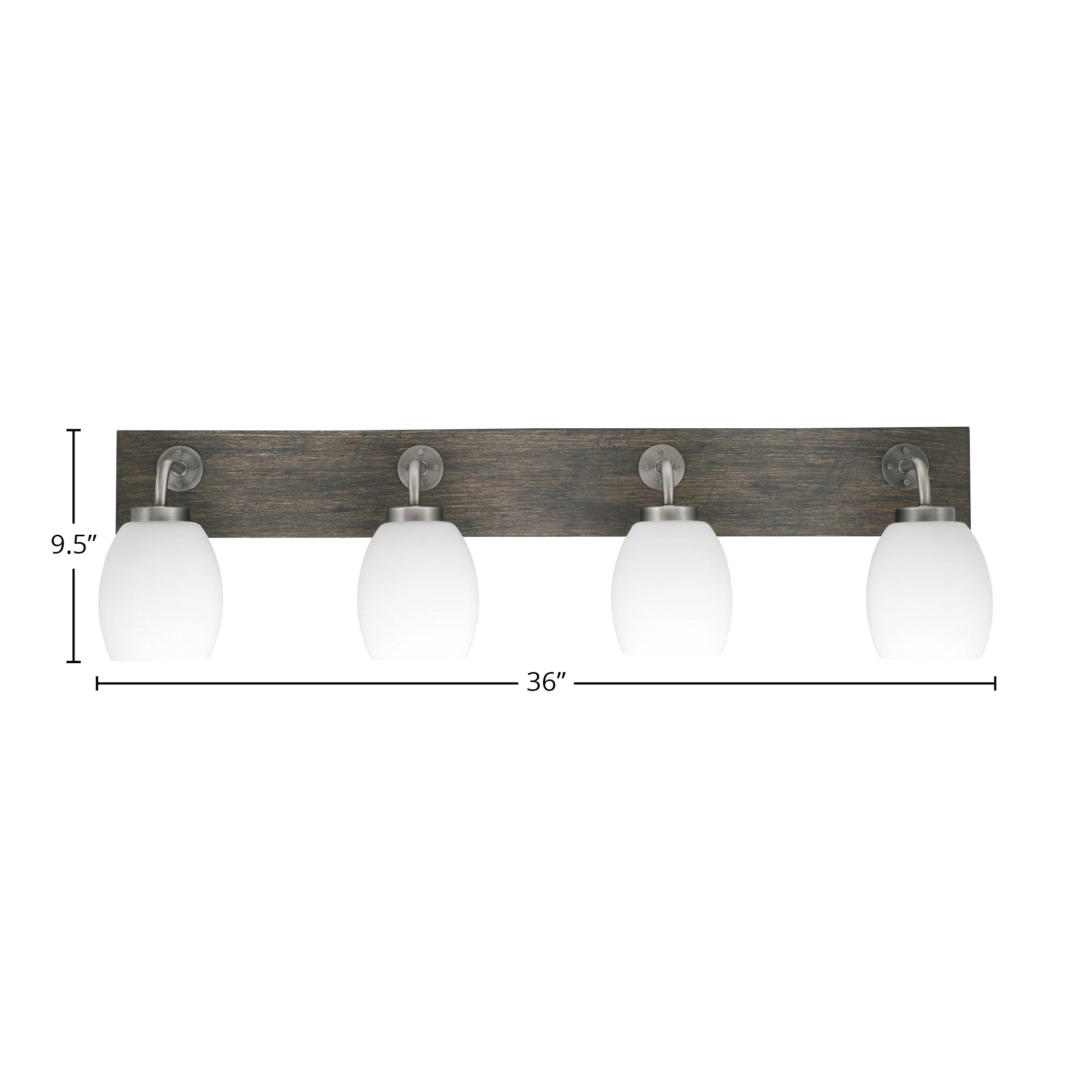 Oxbridge Four Light Bath Bar in Graphite & Painted Distressed Wood-look Metal with 5" White Linen Shade