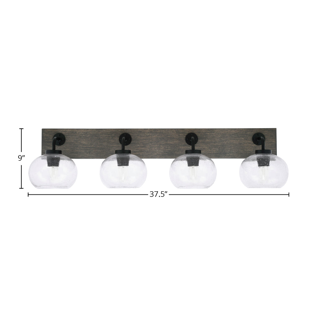 Oxbridge Four Light Bath Bar in Graphite & Painted Distressed Wood-look Metal with 7" Clear Bubble Shade