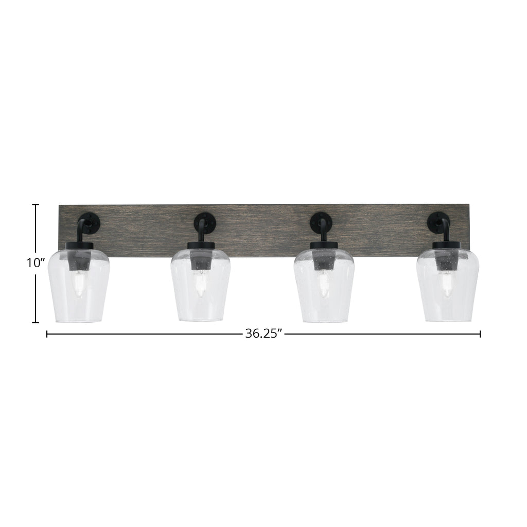 Oxbridge Four Light Bath Bar in Matte Black & Painted Distressed Wood-look Metal with 5" Clear Bubble Shade