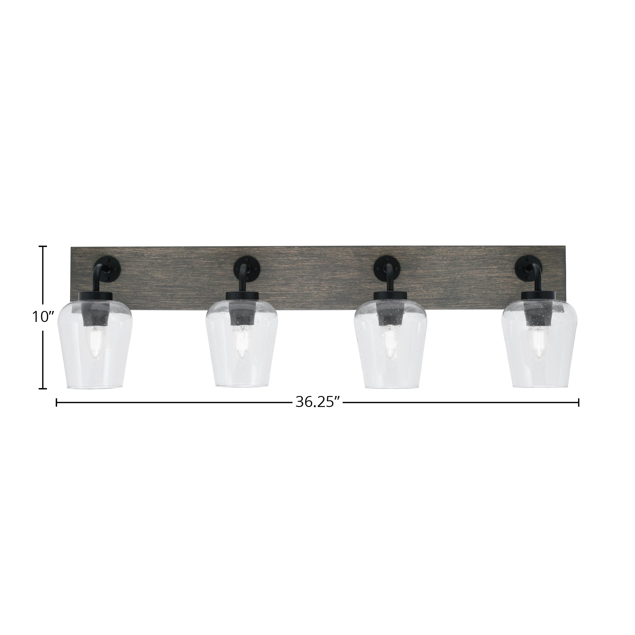 Oxbridge Four Light Bath Bar in Matte Black & Painted Distressed Wood-look Metal with 5" Clear Bubble Shade