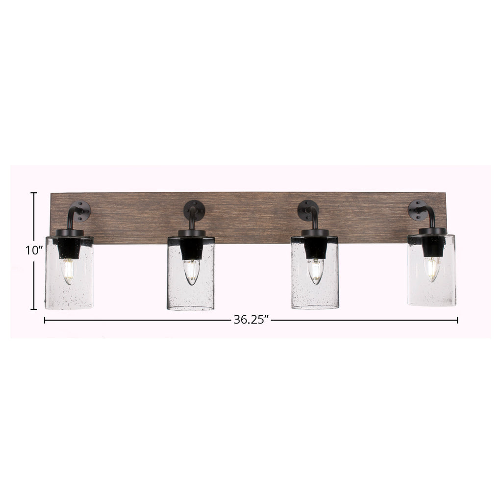 Oxbridge Four Light Bath Bar in Matte Black & Painted Distressed Wood-look Metal with 4" Clear Bubble Shade