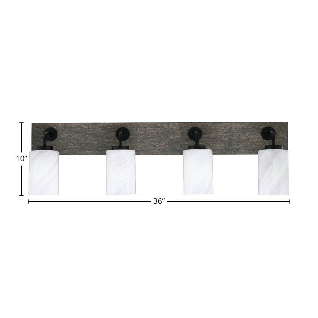 Oxbridge Four Light Bath Bar in Matte Black & Painted Distressed Wood-look Metal with 4" White Marble Shade