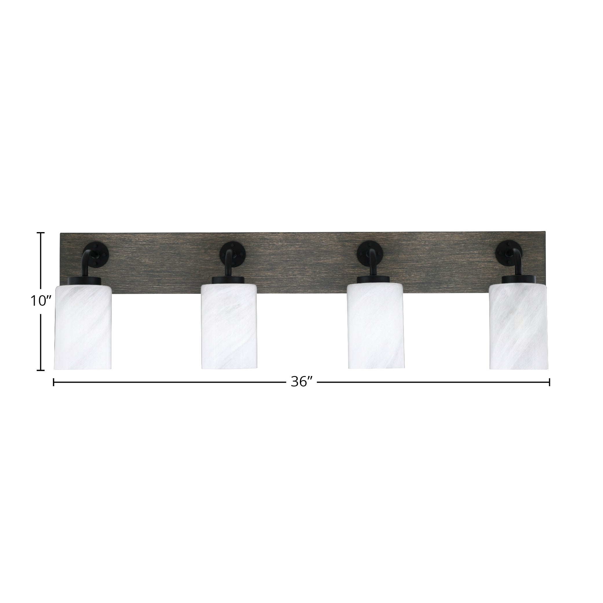 Oxbridge Four Light Bath Bar in Matte Black & Painted Distressed Wood-look Metal with 4" White Marble Shade