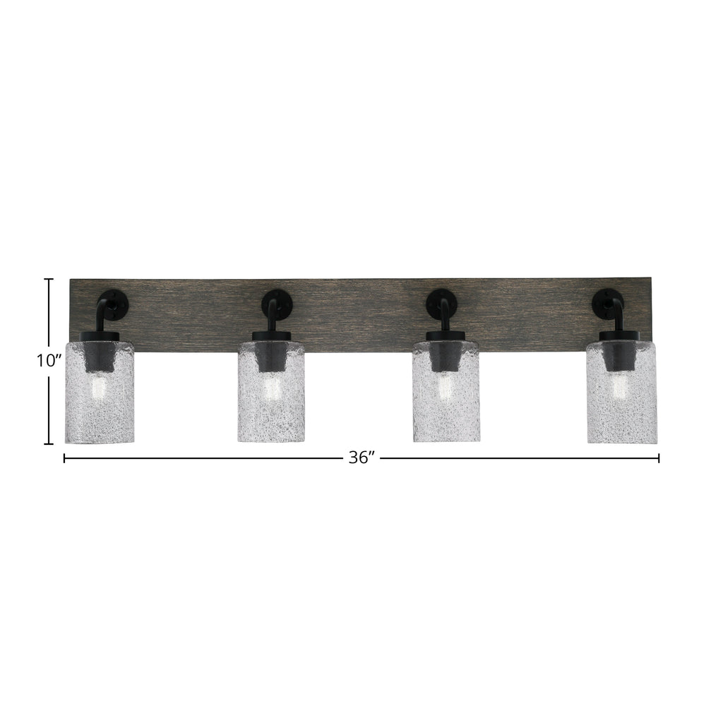 Oxbridge Four Light Bath Bar in Matte Black & Painted Distressed Wood-look Metal with 4" Smoke Bubble Shade