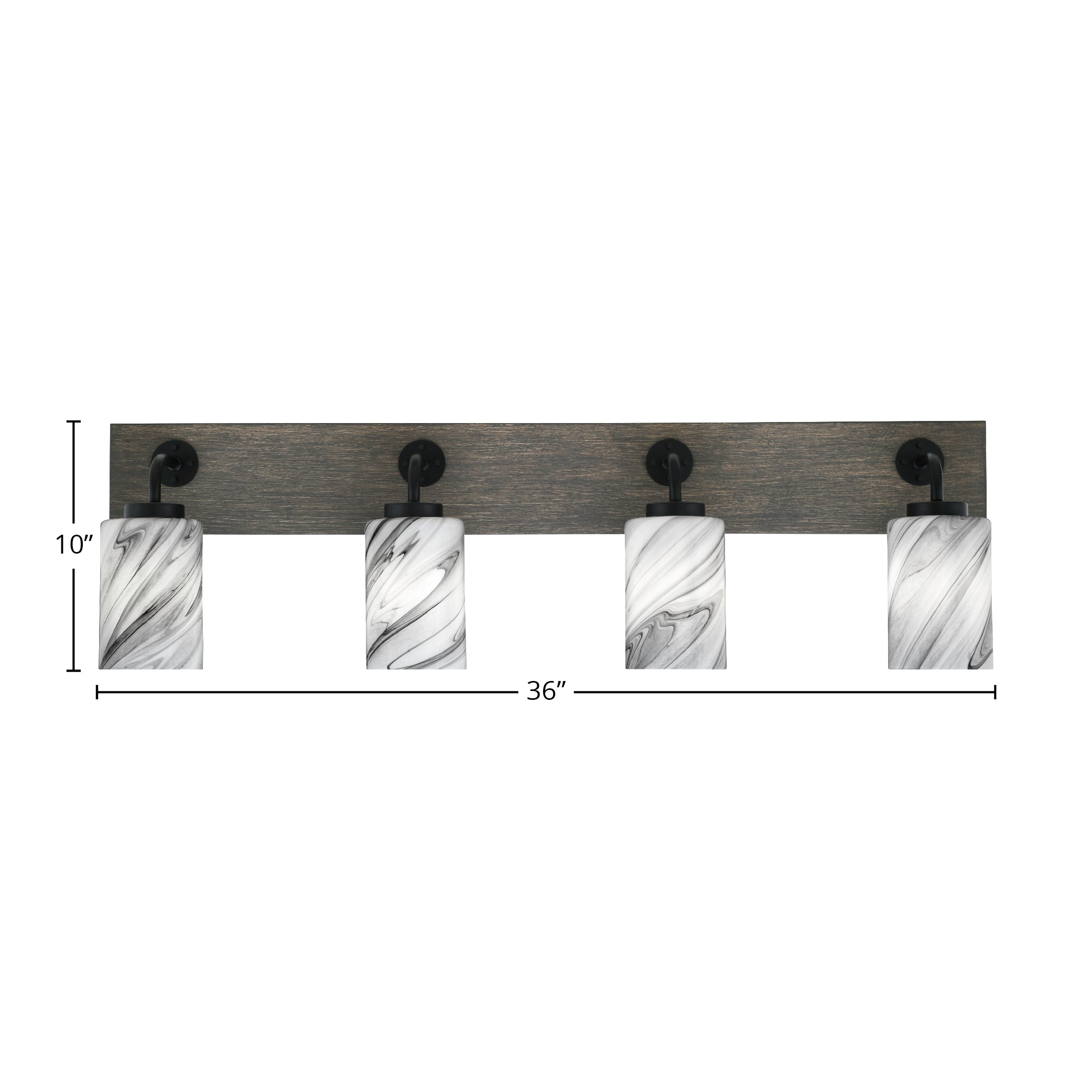 Oxbridge Four Light Bath Bar in Matte Black & Painted Distressed Wood-look Metal with 4" Onyx Swirl Shade