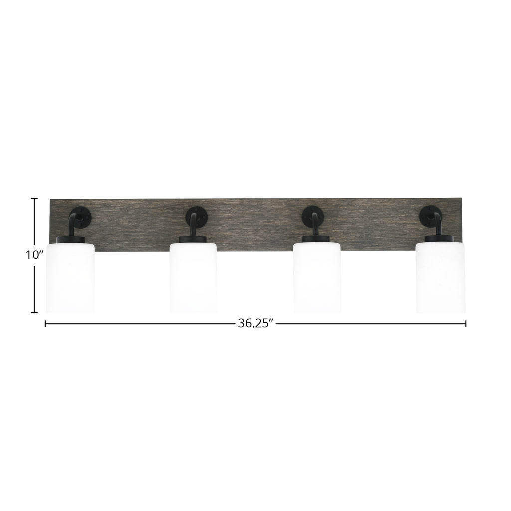 Oxbridge Four Light Bath Bar in Matte Black & Painted Distressed Wood-look Metal with 4" White Muslin Shade
