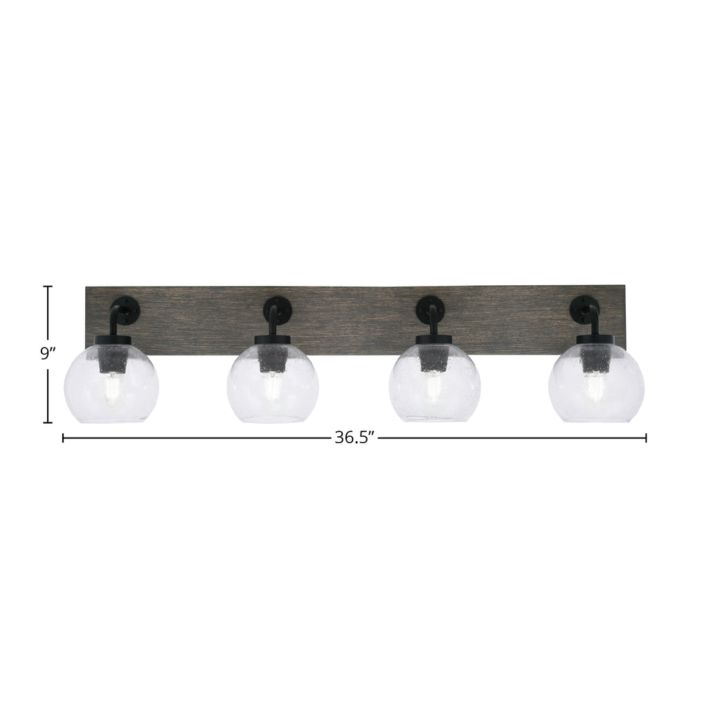 Oxbridge Four Light Bath Bar in Matte Black & Painted Distressed Wood-look Metal with 5.75" Clear Bubble Shade