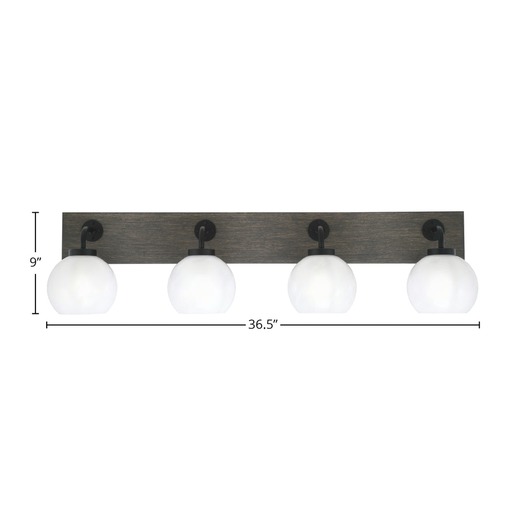 Oxbridge Four Light Bath Bar in Matte Black & Painted Distressed Wood-look Metal with 5.75" White Marble Shade