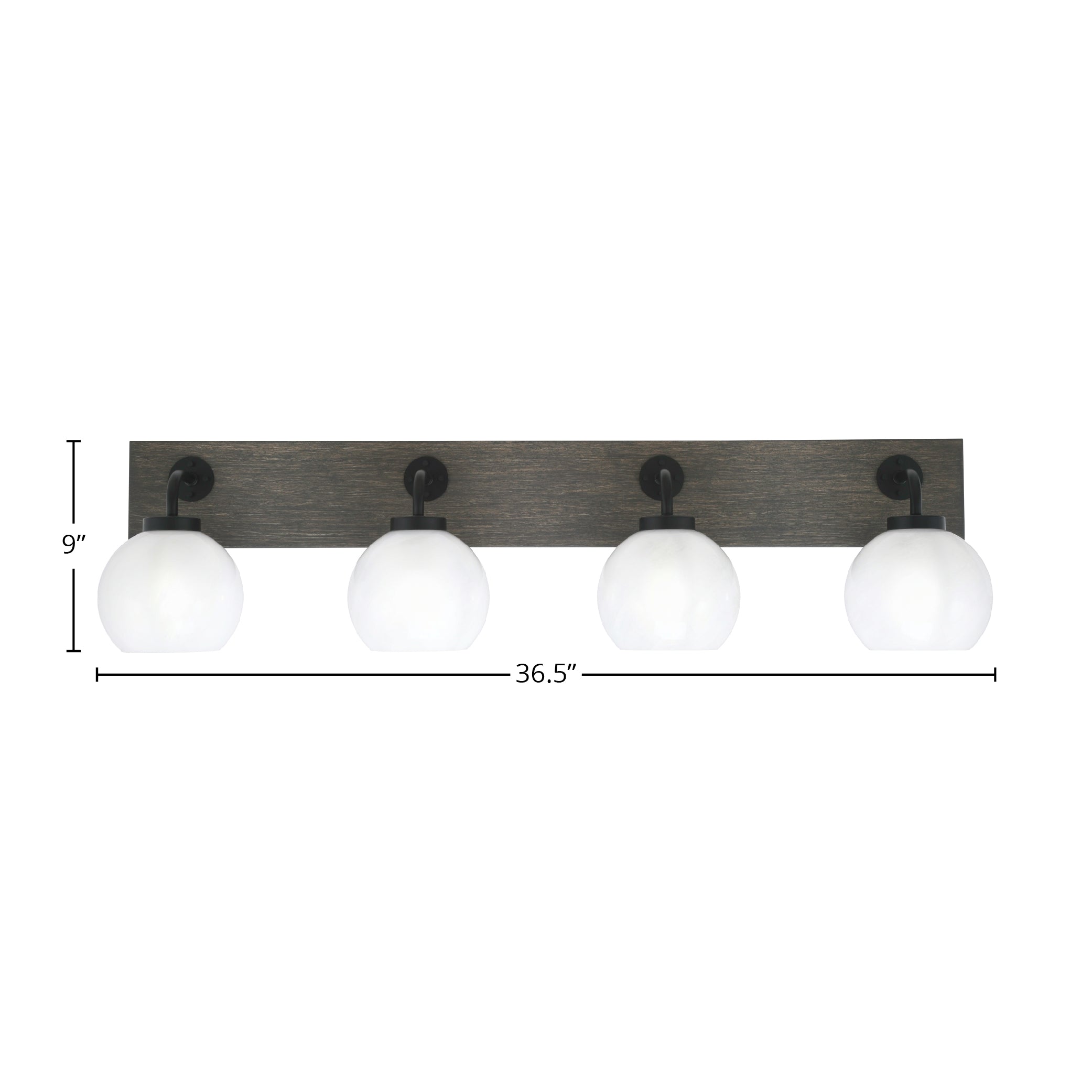 Oxbridge Four Light Bath Bar in Matte Black & Painted Distressed Wood-look Metal with 5.75" White Marble Shade