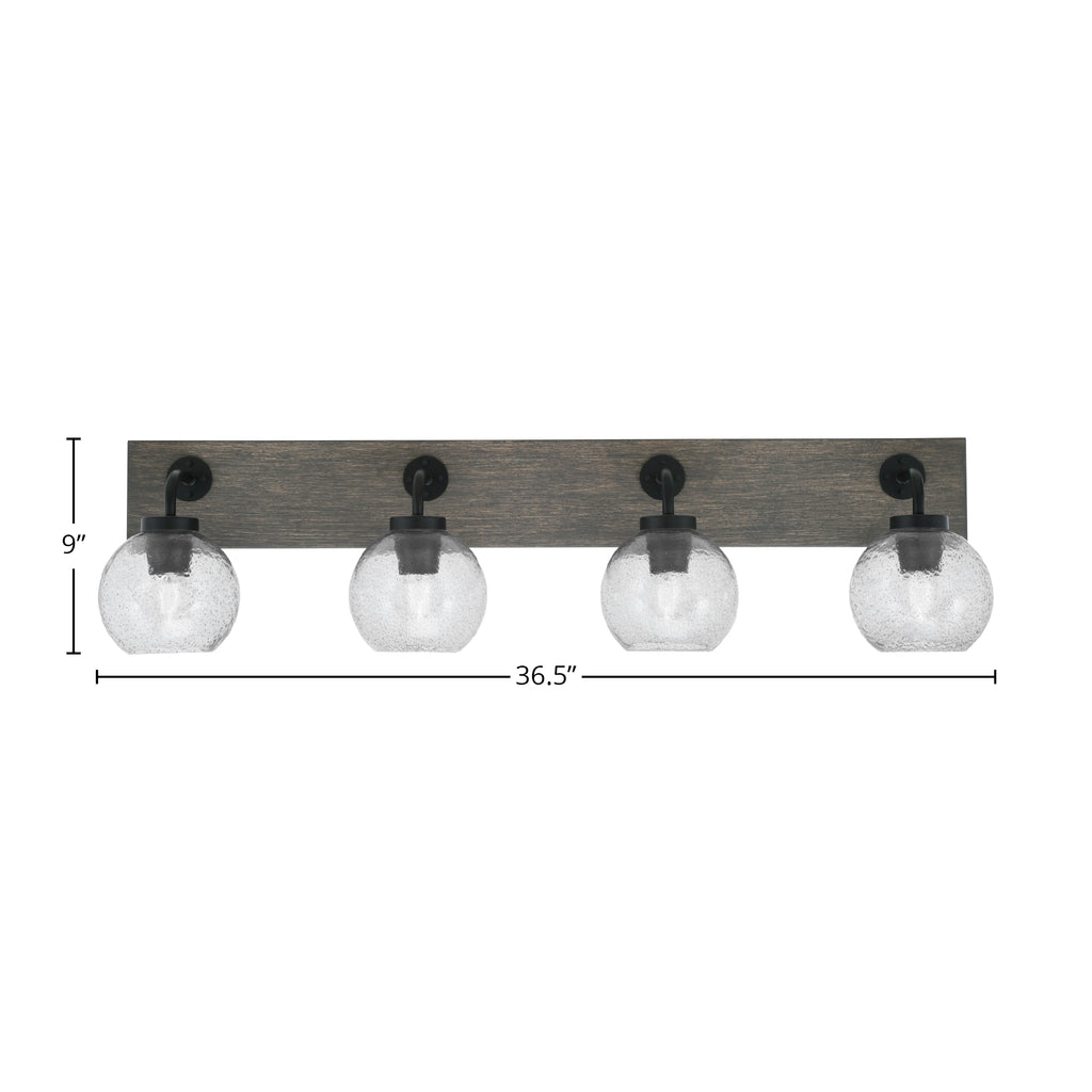 Oxbridge Four Light Bath Bar in Matte Black & Painted Distressed Wood-look Metal with 5.75" Smoke Bubble Shade