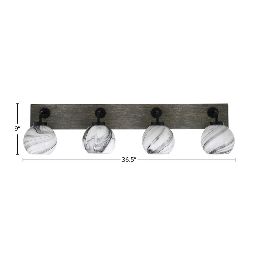 Oxbridge Four Light Bath Bar in Matte Black & Painted Distressed Wood-look Metal with 5.75" Onyx Swirl Shade