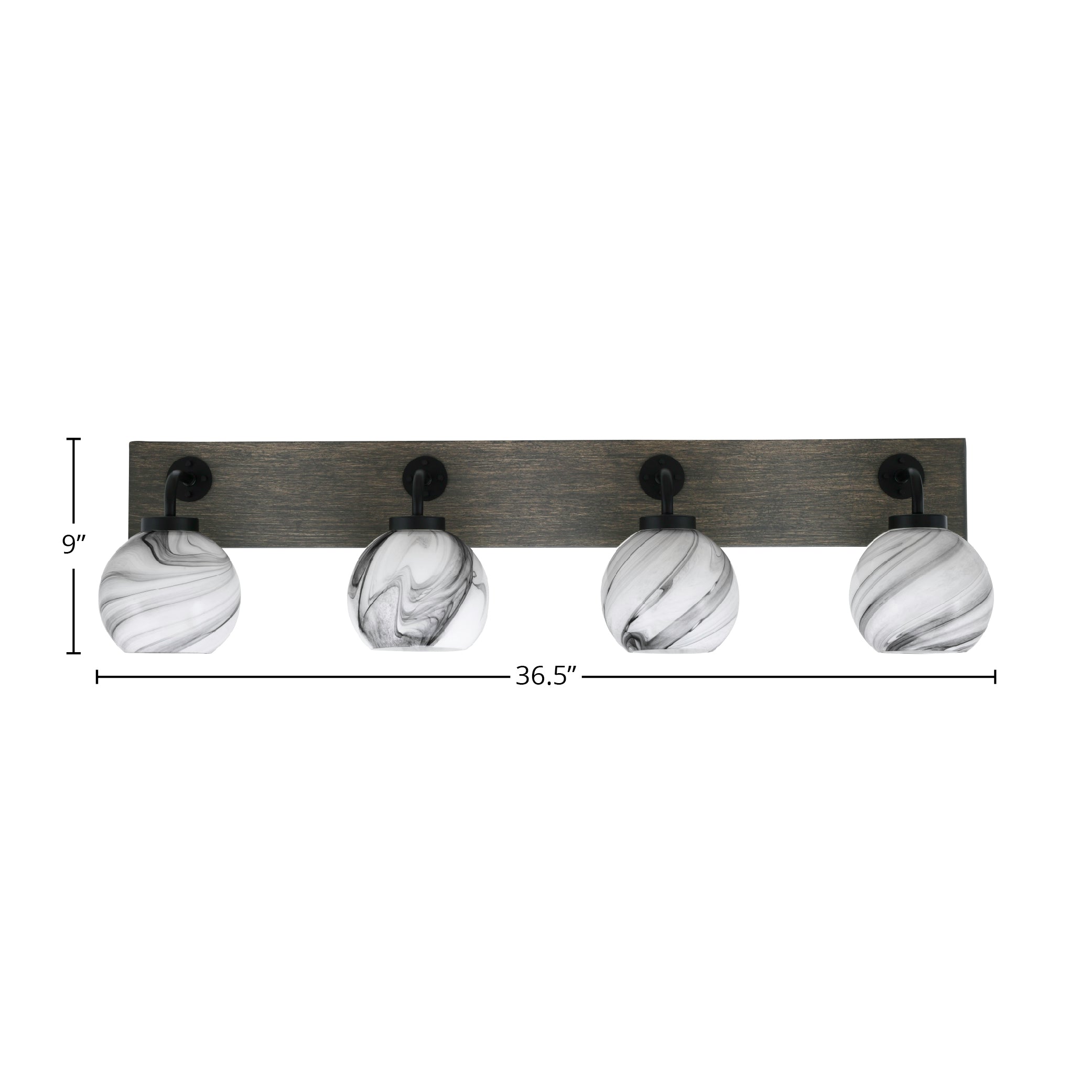 Oxbridge Four Light Bath Bar in Matte Black & Painted Distressed Wood-look Metal with 5.75" Onyx Swirl Shade