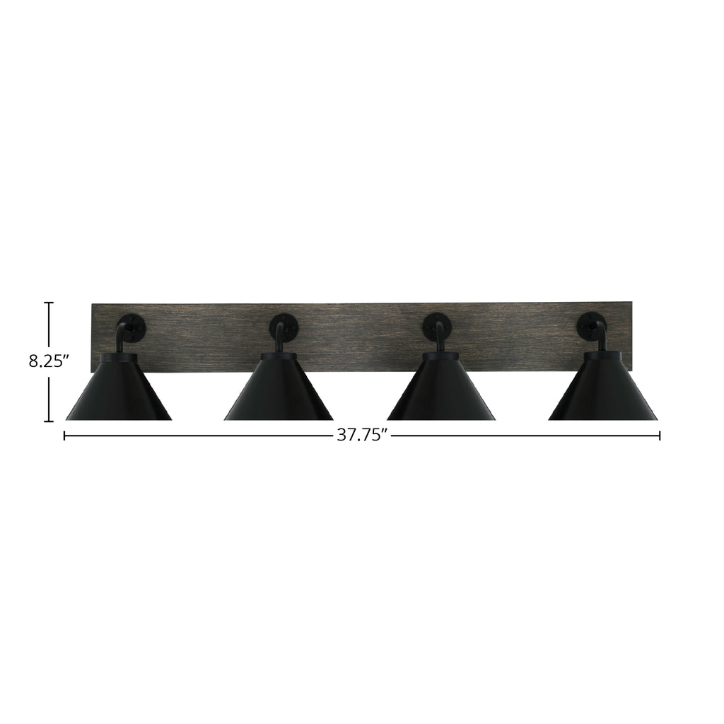 Oxbridge Four Light Bath Bar in Matte Black & Painted Distressed Wood-look Metal with 7" Matte Black Cone Metal Shade Shade