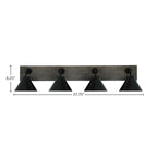 Oxbridge Four Light Bath Bar in Matte Black & Painted Distressed Wood-look Metal with 7" Matte Black Cone Metal Shade Shade