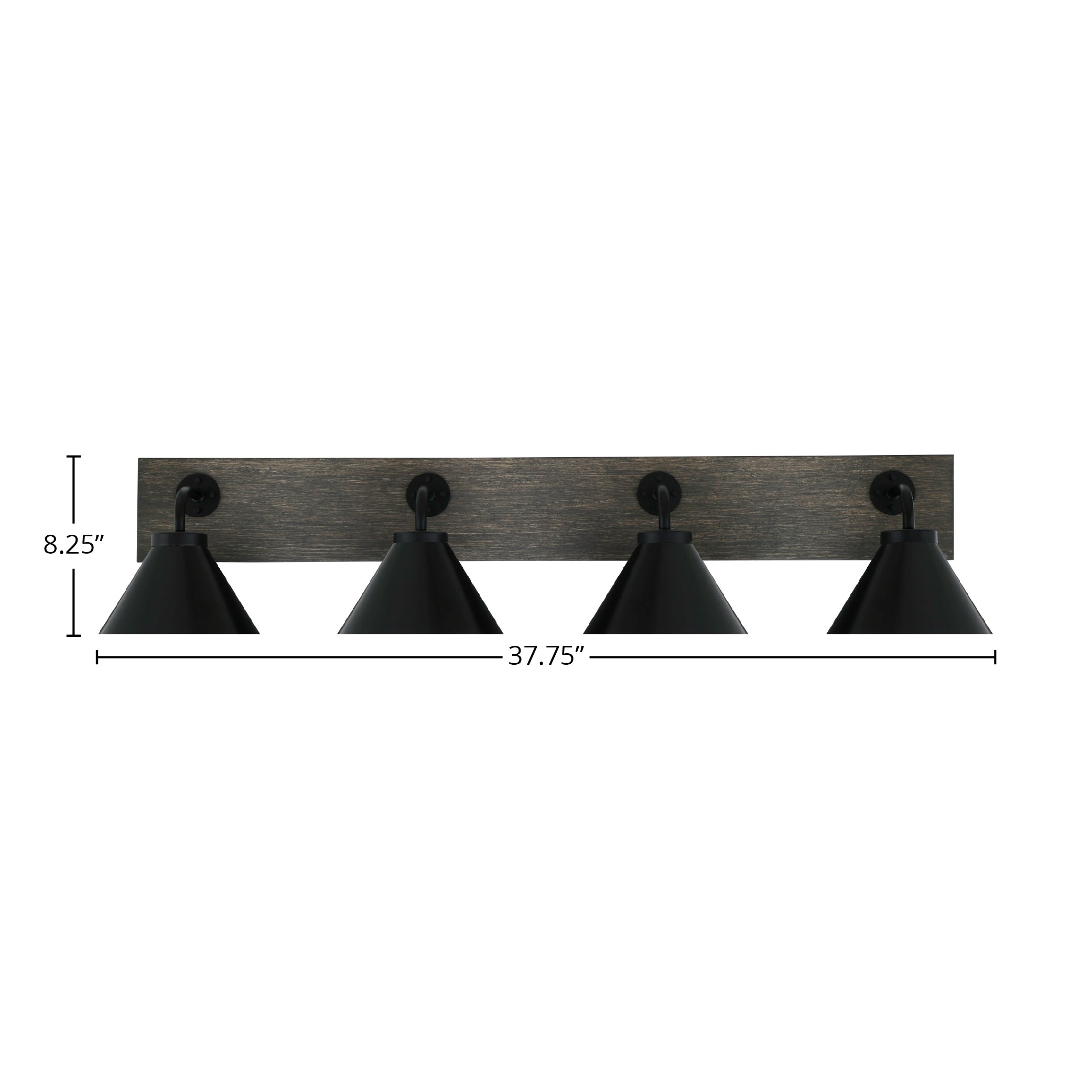Oxbridge Four Light Bath Bar in Matte Black & Painted Distressed Wood-look Metal with 7" Matte Black Cone Metal Shade Shade
