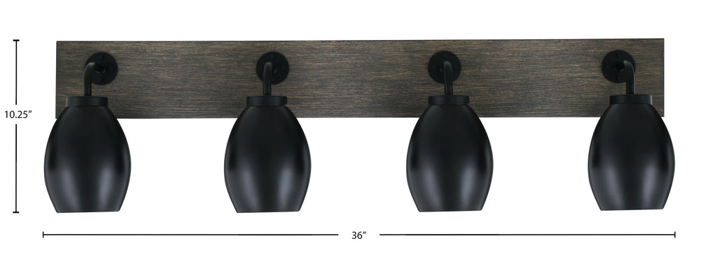 Oxbridge Four Light Bath Bar in Matte Black & Painted Distressed Wood-look Metal with 5" Matte Black Oval Metal Shade Shade
