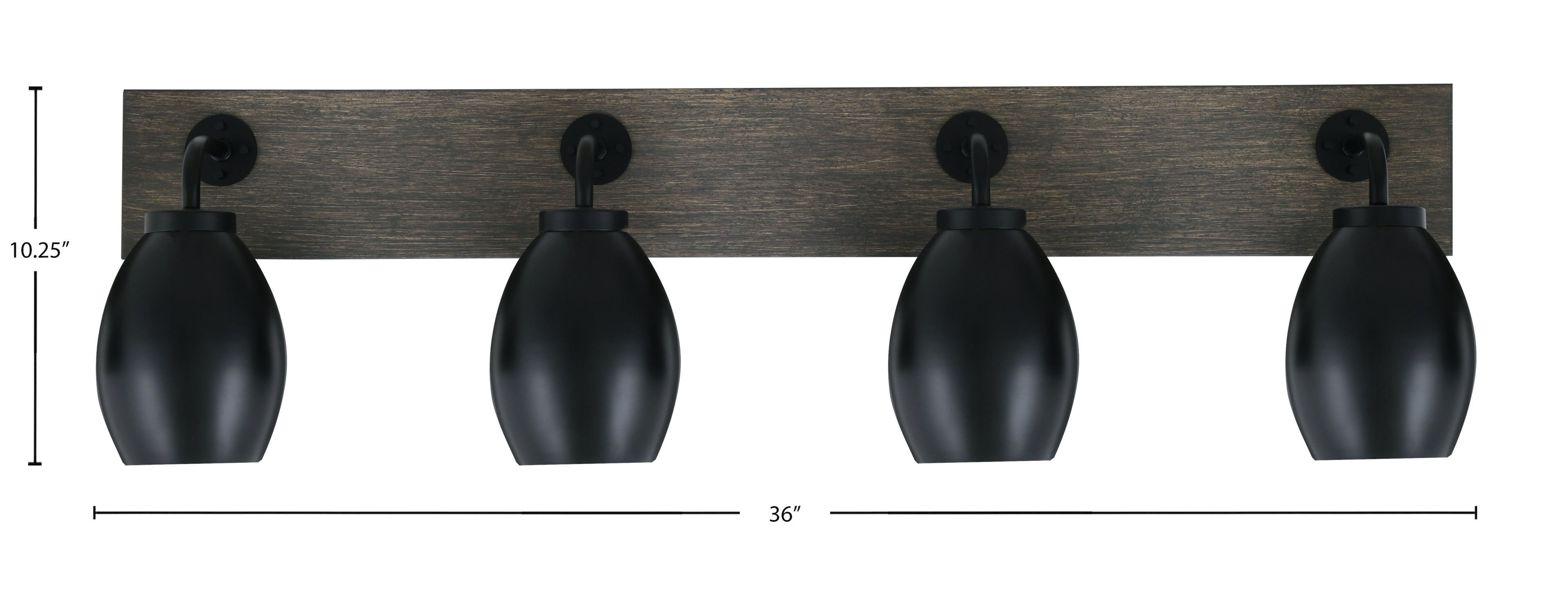 Oxbridge Four Light Bath Bar in Matte Black & Painted Distressed Wood-look Metal with 5" Matte Black Oval Metal Shade Shade