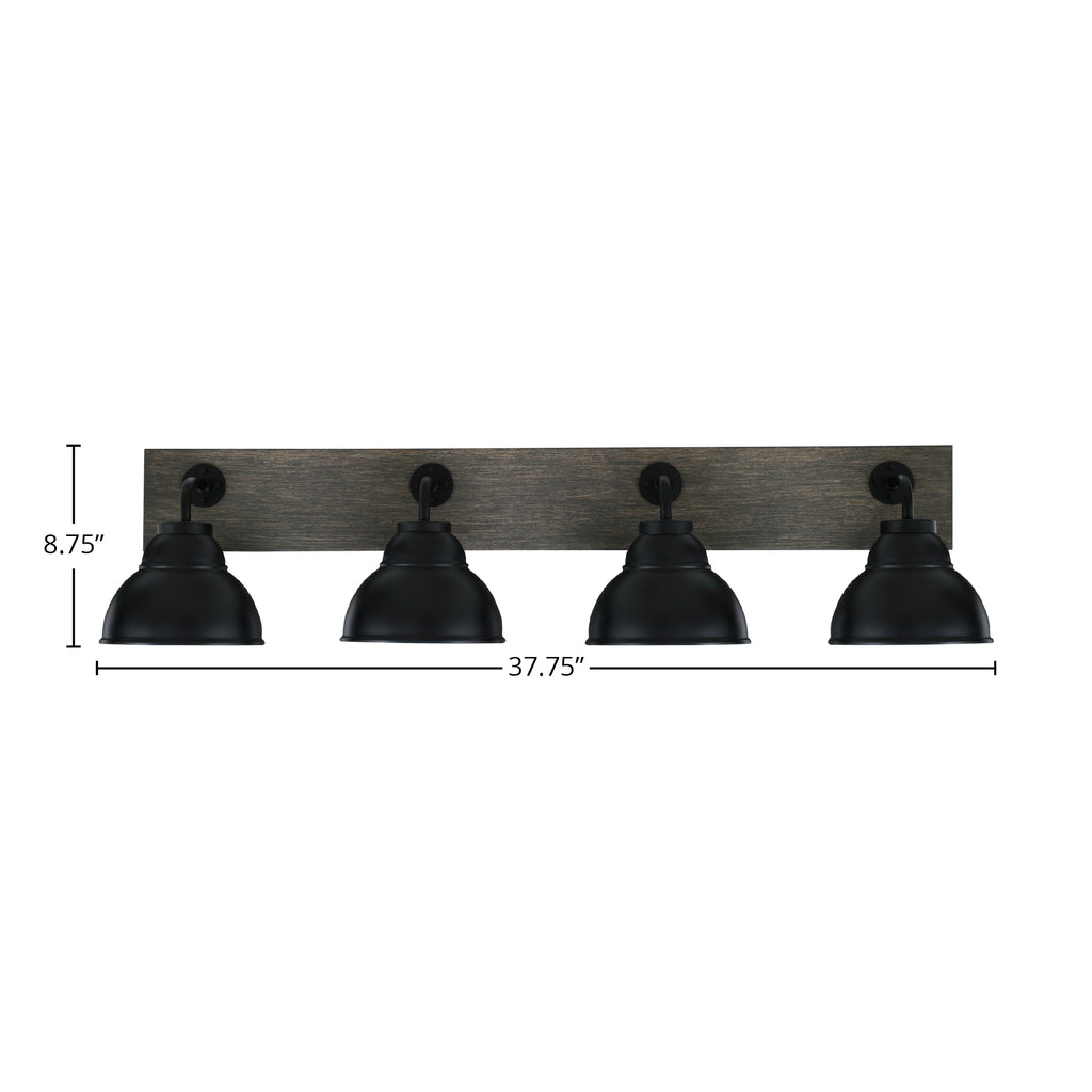 Oxbridge Four Light Bath Bar in Matte Black & Painted Distressed Wood-look Metal with 7" Matte Black Double Bubble Metal Shade Shade