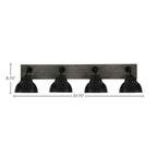 Oxbridge Four Light Bath Bar in Matte Black & Painted Distressed Wood-look Metal with 7" Matte Black Double Bubble Metal Shade Shade