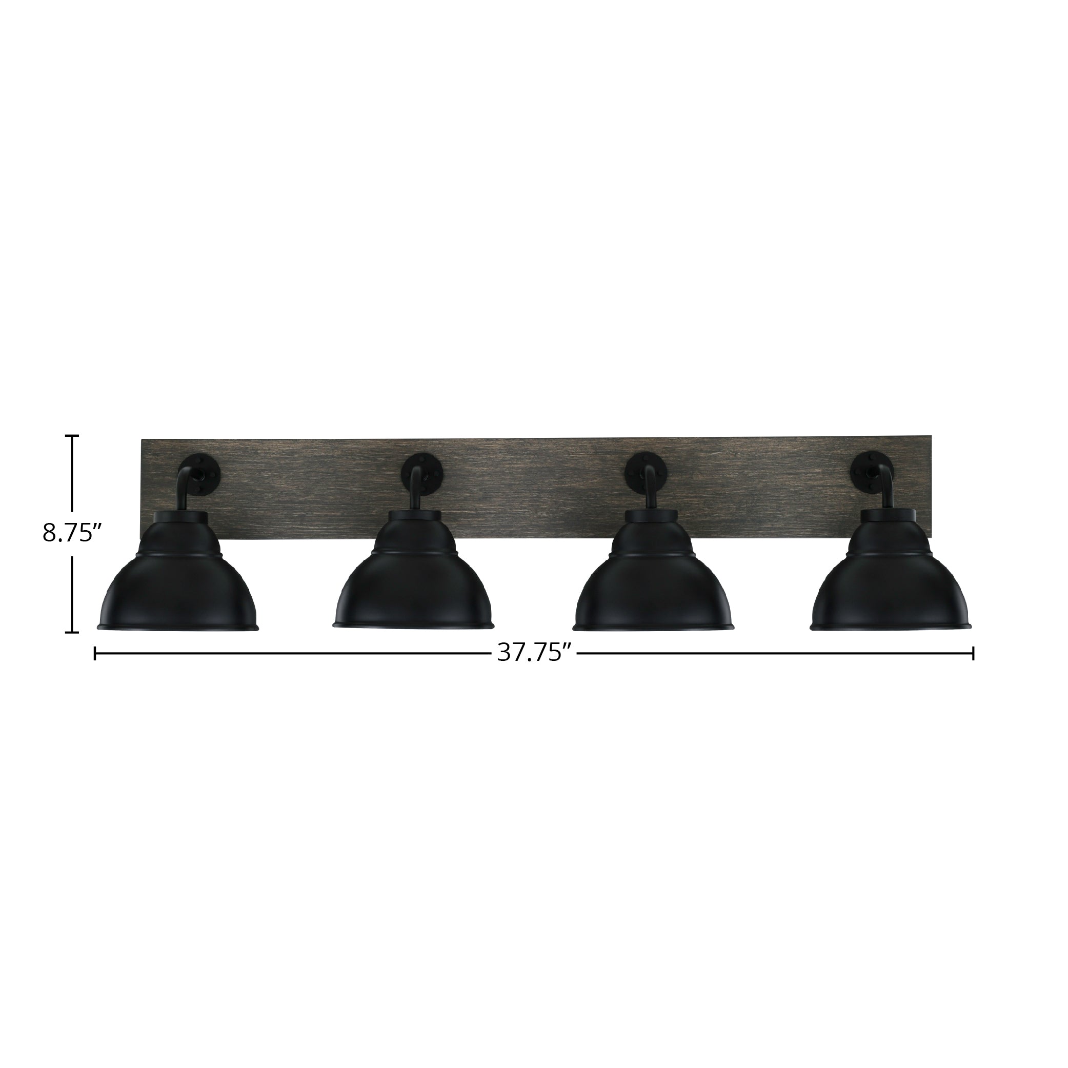 Oxbridge Four Light Bath Bar in Matte Black & Painted Distressed Wood-look Metal with 7" Matte Black Double Bubble Metal Shade Shade