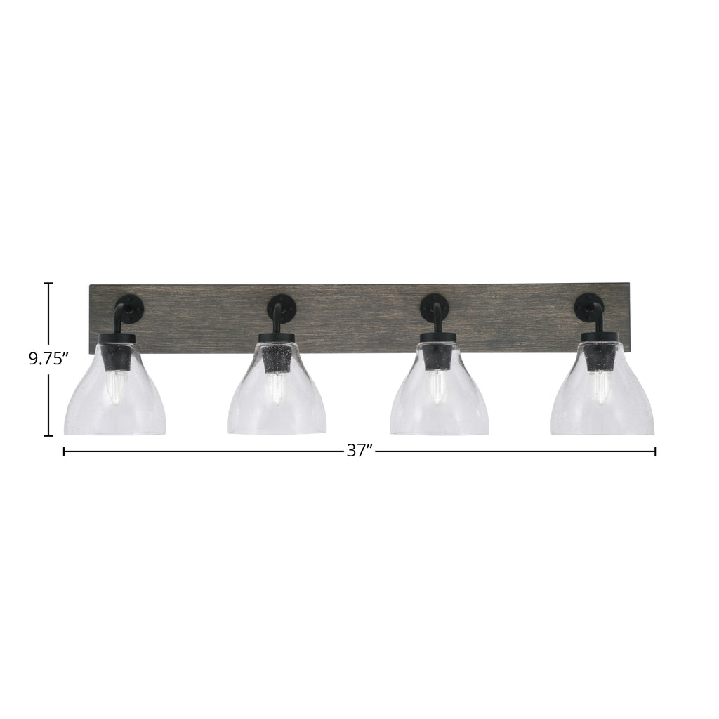 Oxbridge Four Light Bath Bar in Matte Black & Painted Distressed Wood-look Metal with 6.25" Clear Bubble Shade