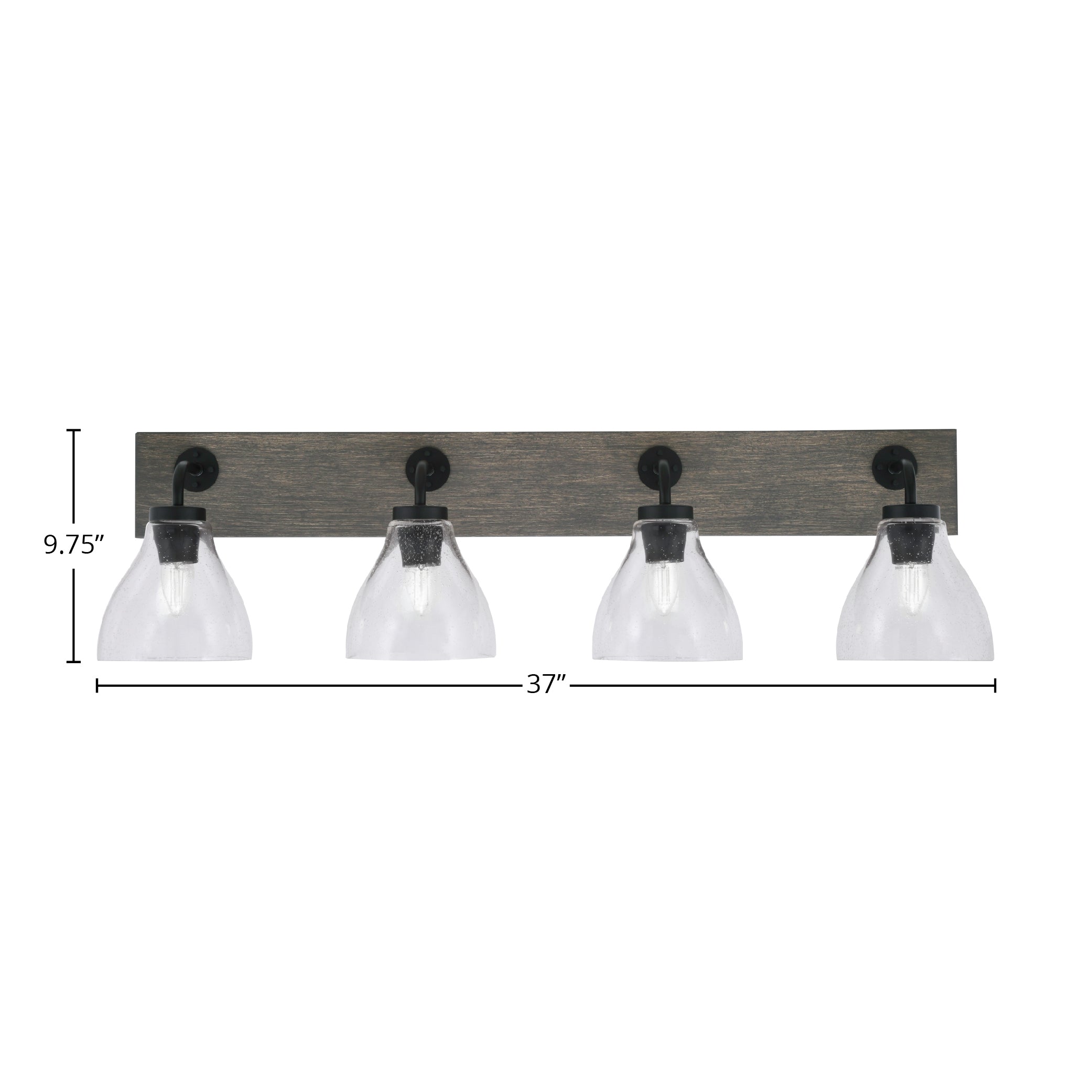 Oxbridge Four Light Bath Bar in Matte Black & Painted Distressed Wood-look Metal with 6.25" Clear Bubble Shade