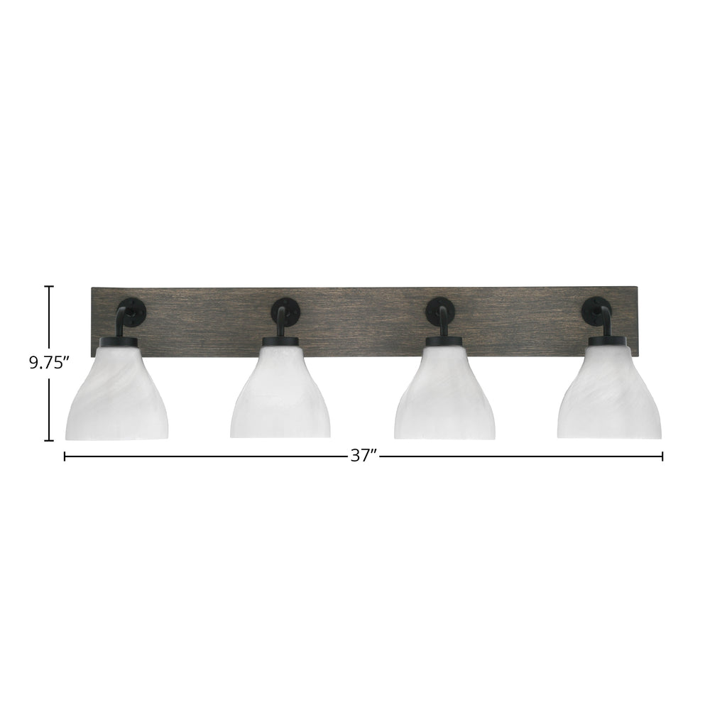Oxbridge Four Light Bath Bar in Matte Black & Painted Distressed Wood-look Metal with 6.25" White Marble Shade