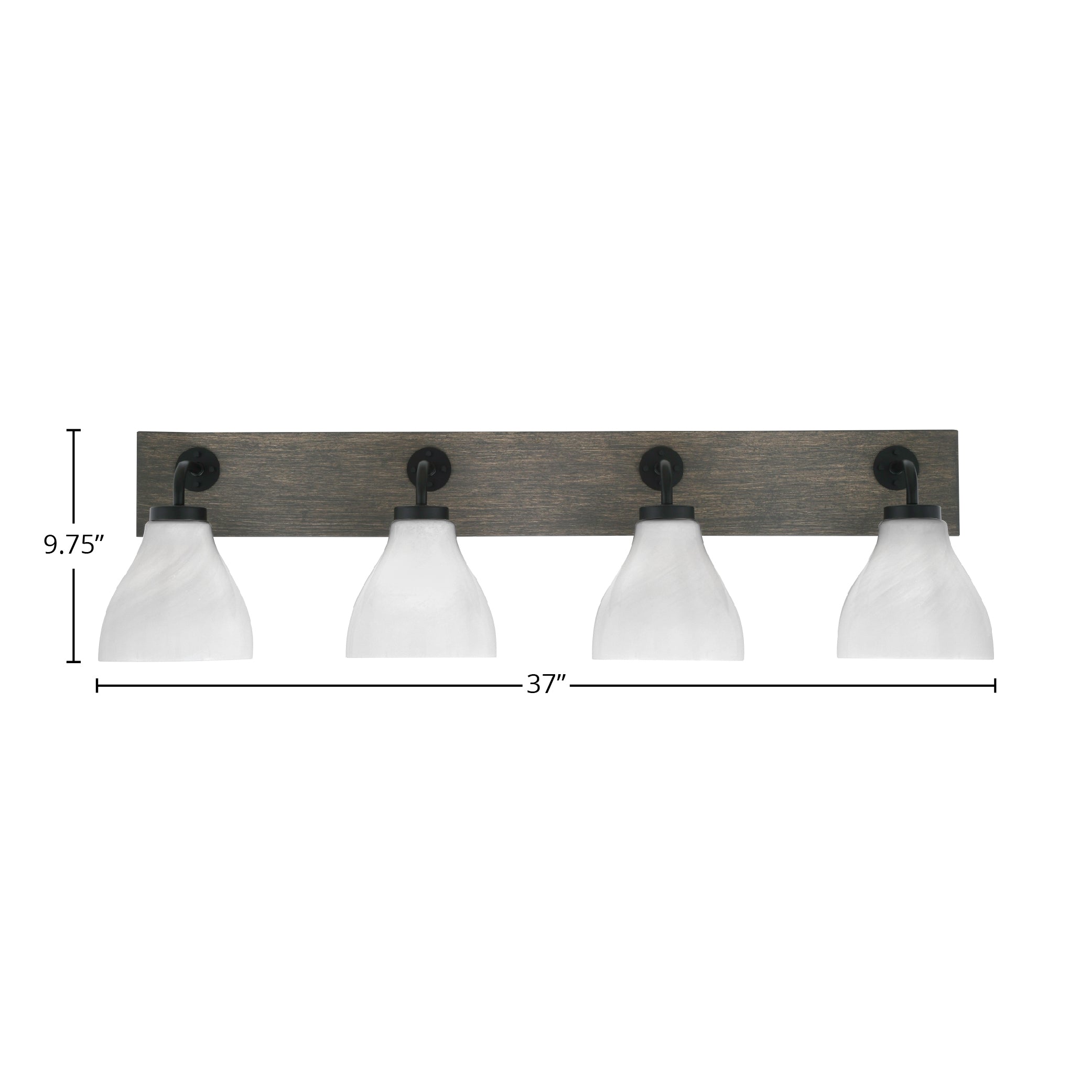 Oxbridge Four Light Bath Bar in Matte Black & Painted Distressed Wood-look Metal with 6.25" White Marble Shade