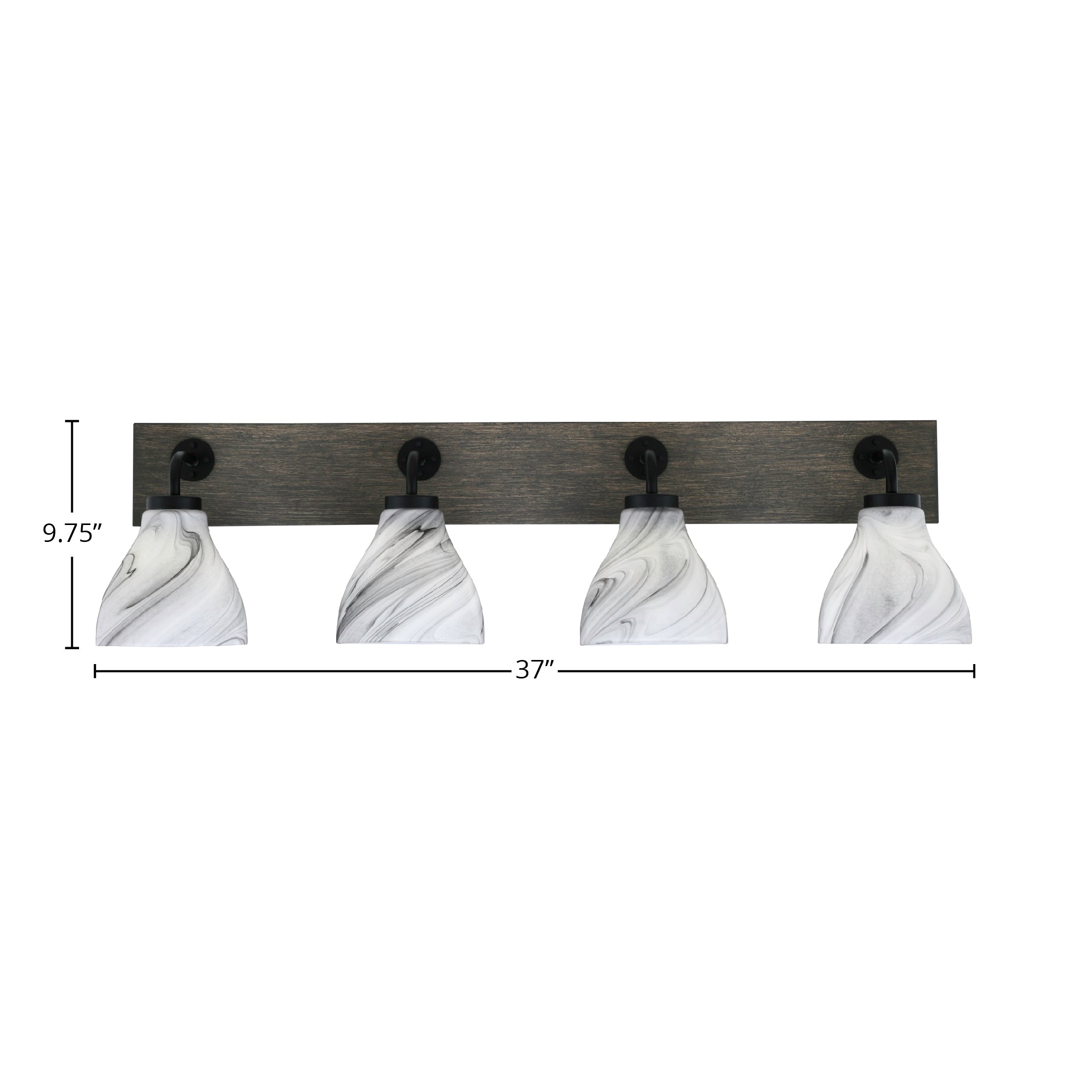 Oxbridge Four Light Bath Bar in Matte Black & Painted Distressed Wood-look Metal with 6.25" Onyx Swirl Shade