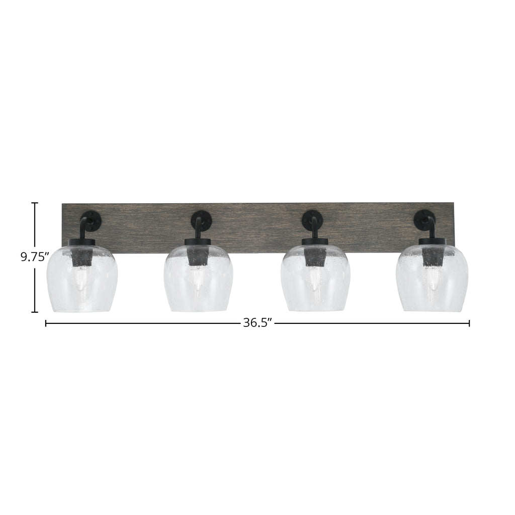 Oxbridge Four Light Bath Bar in Matte Black & Painted Distressed Wood-look Metal with 6" Clear Bubble Shade