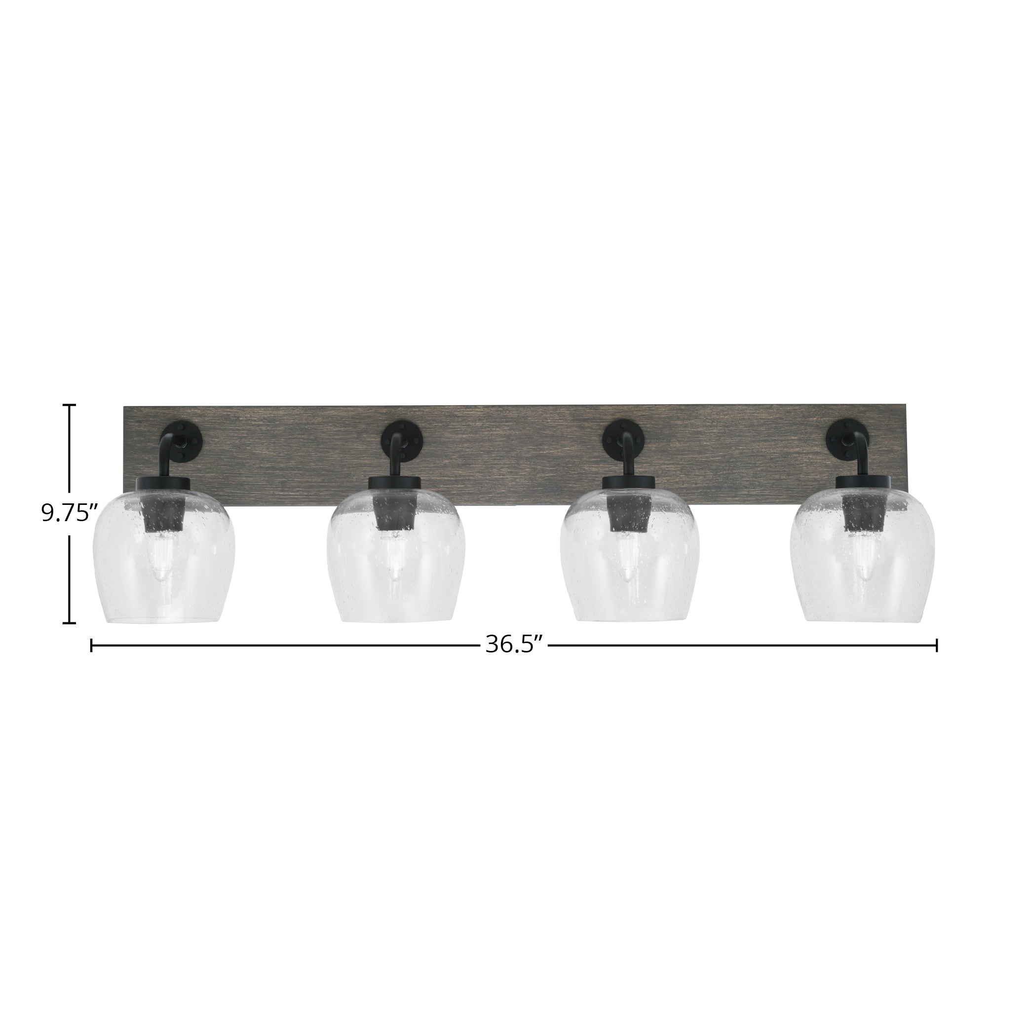 Oxbridge Four Light Bath Bar in Matte Black & Painted Distressed Wood-look Metal with 6" Clear Bubble Shade