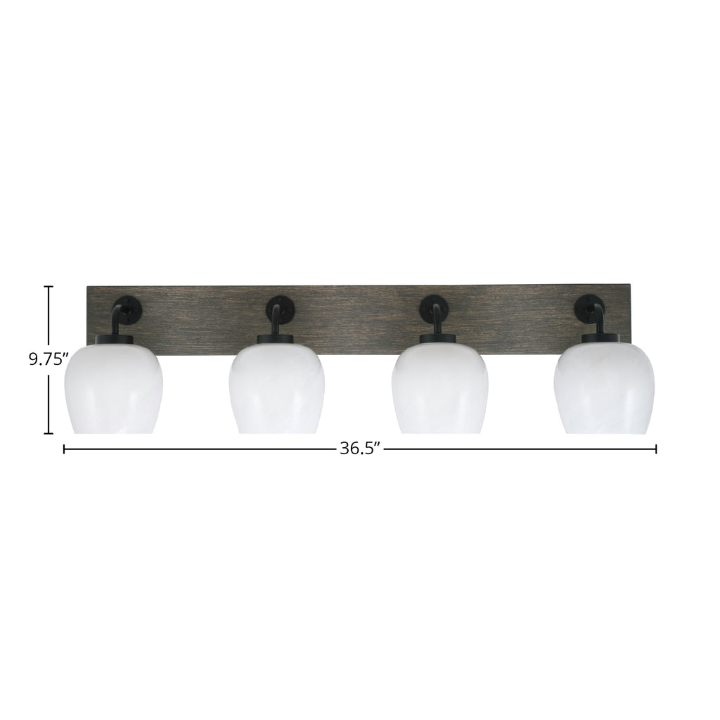 Oxbridge Four Light Bath Bar in Matte Black & Painted Distressed Wood-look Metal with 6" White Marble Shade