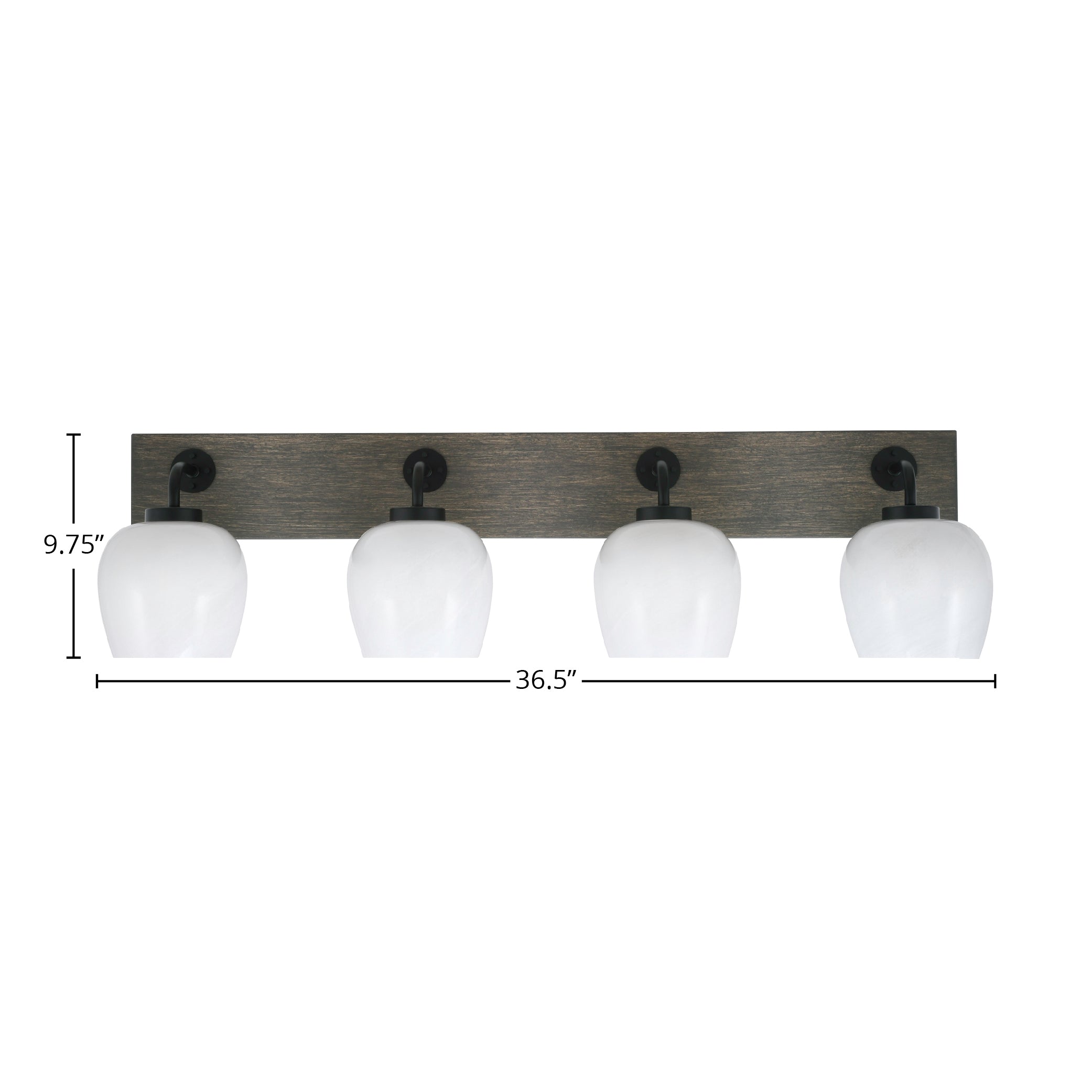 Oxbridge Four Light Bath Bar in Matte Black & Painted Distressed Wood-look Metal with 6" White Marble Shade