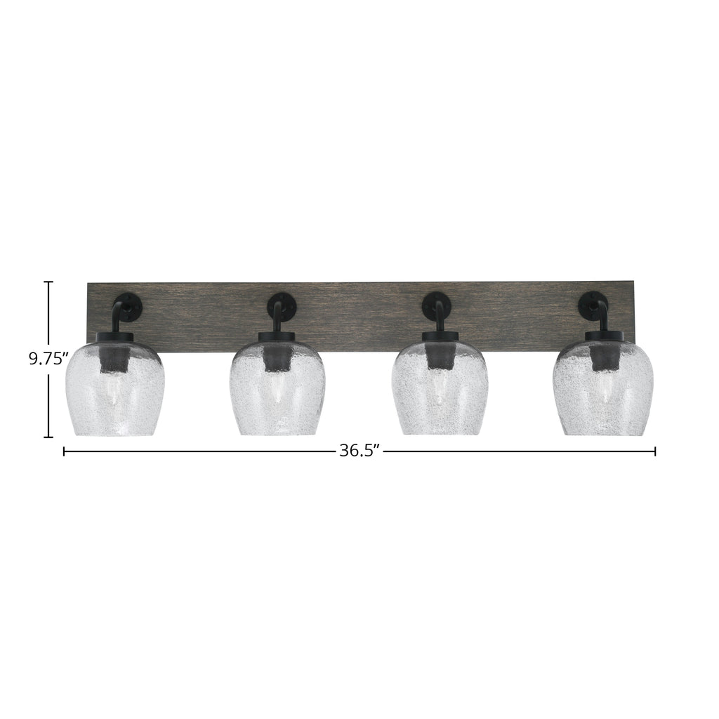 Oxbridge Four Light Bath Bar in Matte Black & Painted Distressed Wood-look Metal with 6" Smoke Bubble Shade