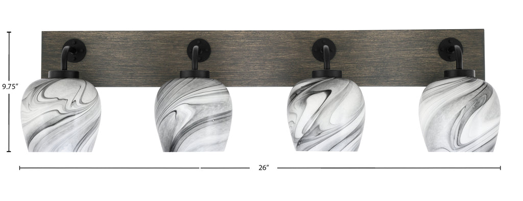 Oxbridge Four Light Bath Bar in Matte Black & Painted Distressed Wood-look Metal with 6" Onyx Swirl Shade